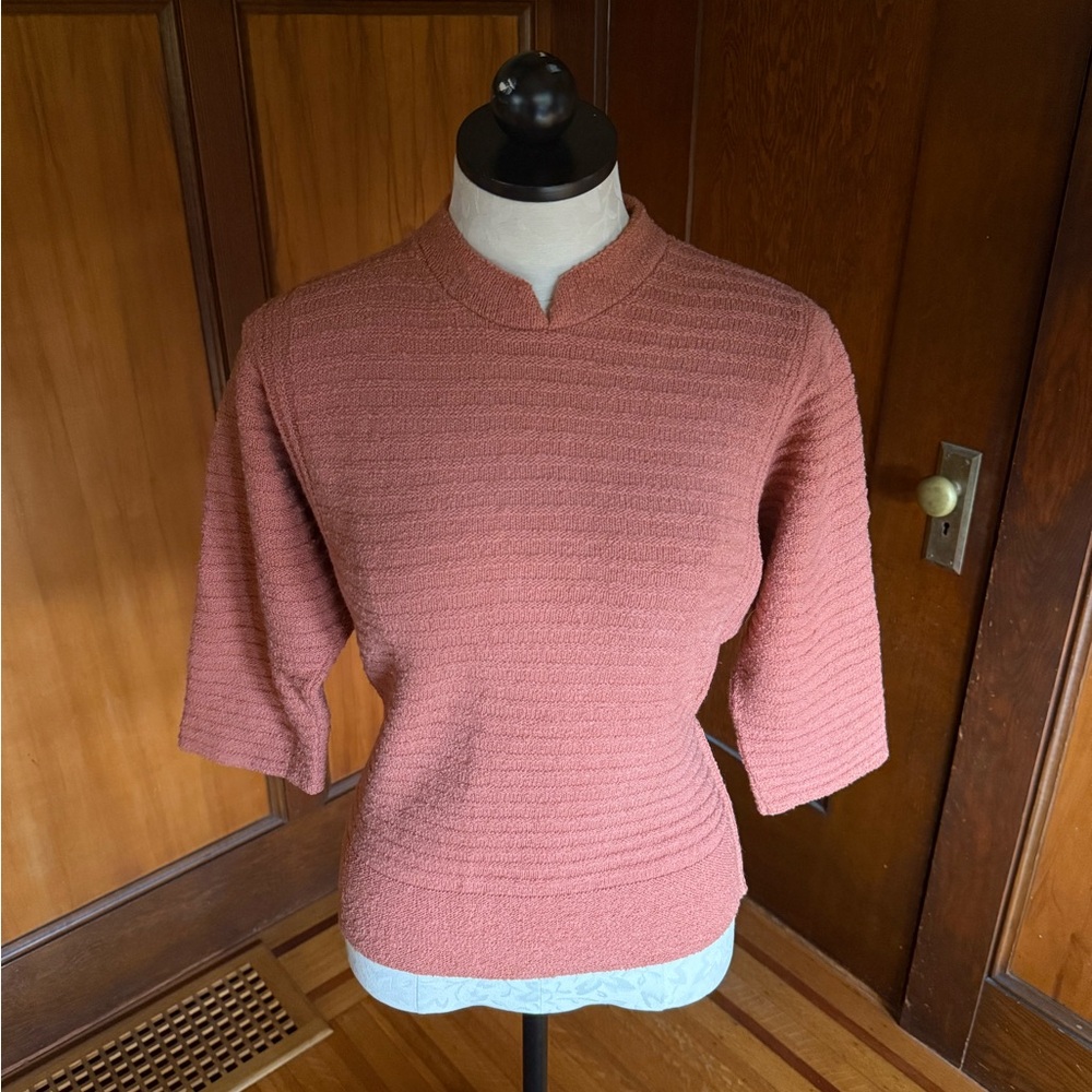 Vintage 1950s 50s Coral Pink Bradley Knit Top Sweater, Dolman Sleeves, Large XL